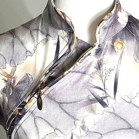 Oxiuly Fashion Gray Dress, White w/Pink Flowers, Zipper Neck to Side, Size Small - Picture 5 of 11